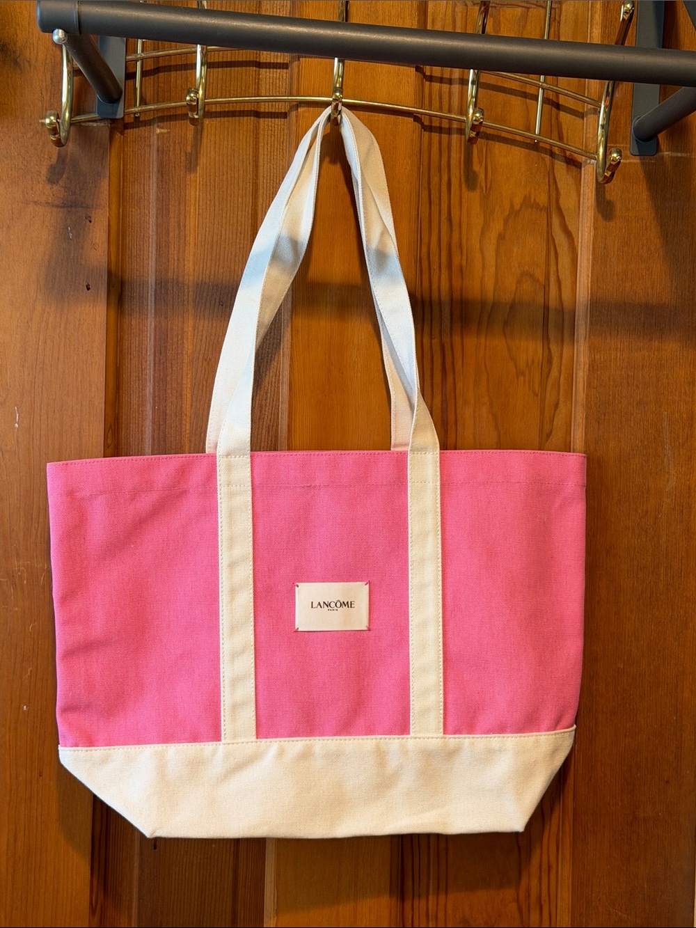 Lancome Pink Canvas Tote with Cream Trim and Straps